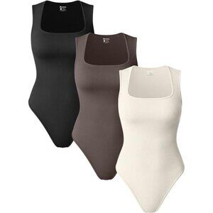 Women 3 Piece Bodysuits Sleeveless Square Stretch Basic Tank Tops Bodysuits